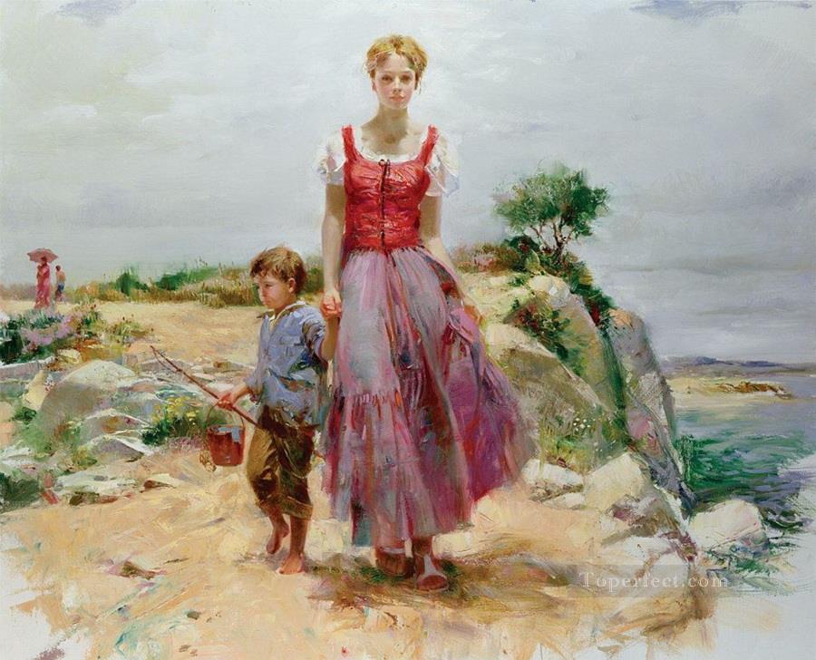 Pino Daeni mother and son beautiful woman lady Oil Paintings